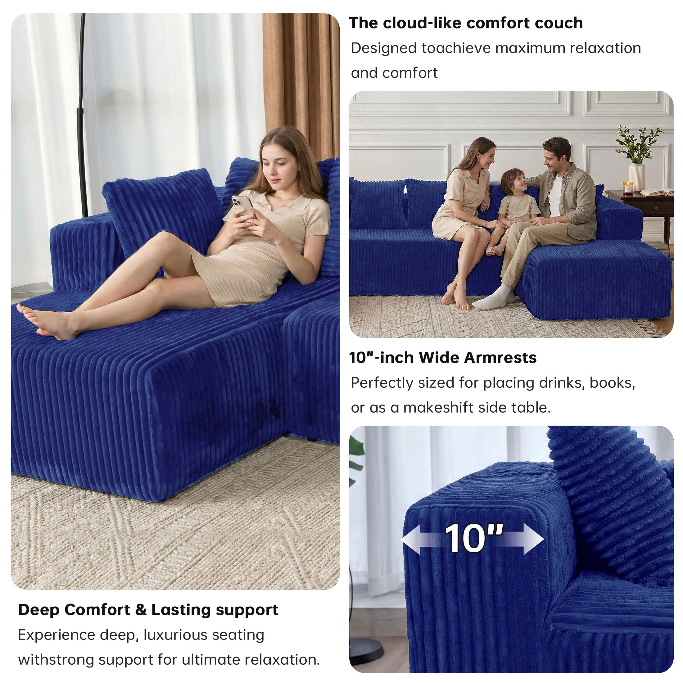 SOULART 130" Blue U L-Shaped Modular Cloud Couch, Sectional Sofa with Chaise – No Assembly, 5-Seater, Corduroy ，Boneless sofa,
