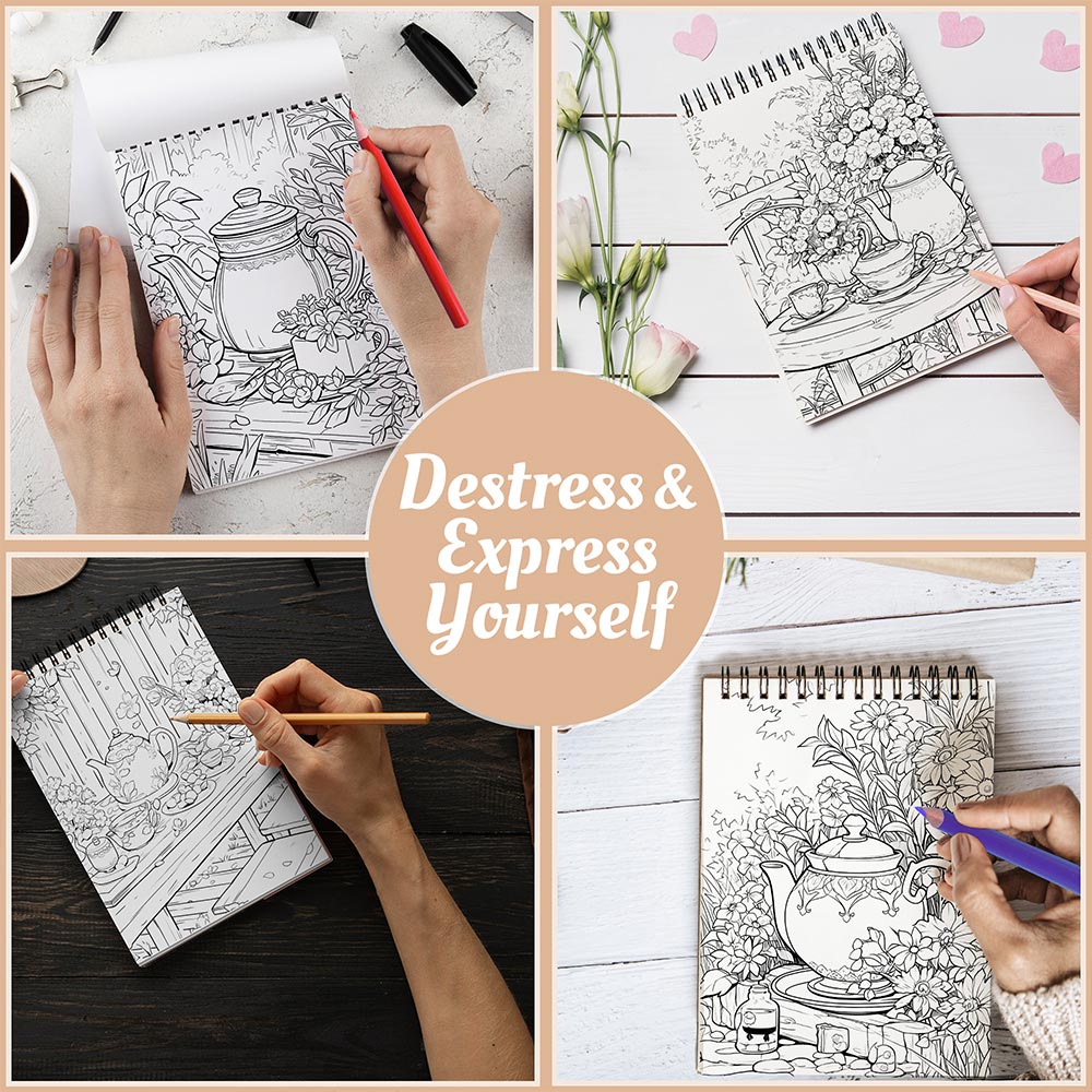 Netecom Tea in the Garden Coloring Book Spiral Bound For Adults, A5 Wooden Cover, 30 Charming Coloring Pages in Cozy Garden Scenes for Stress Relief and Relaxation