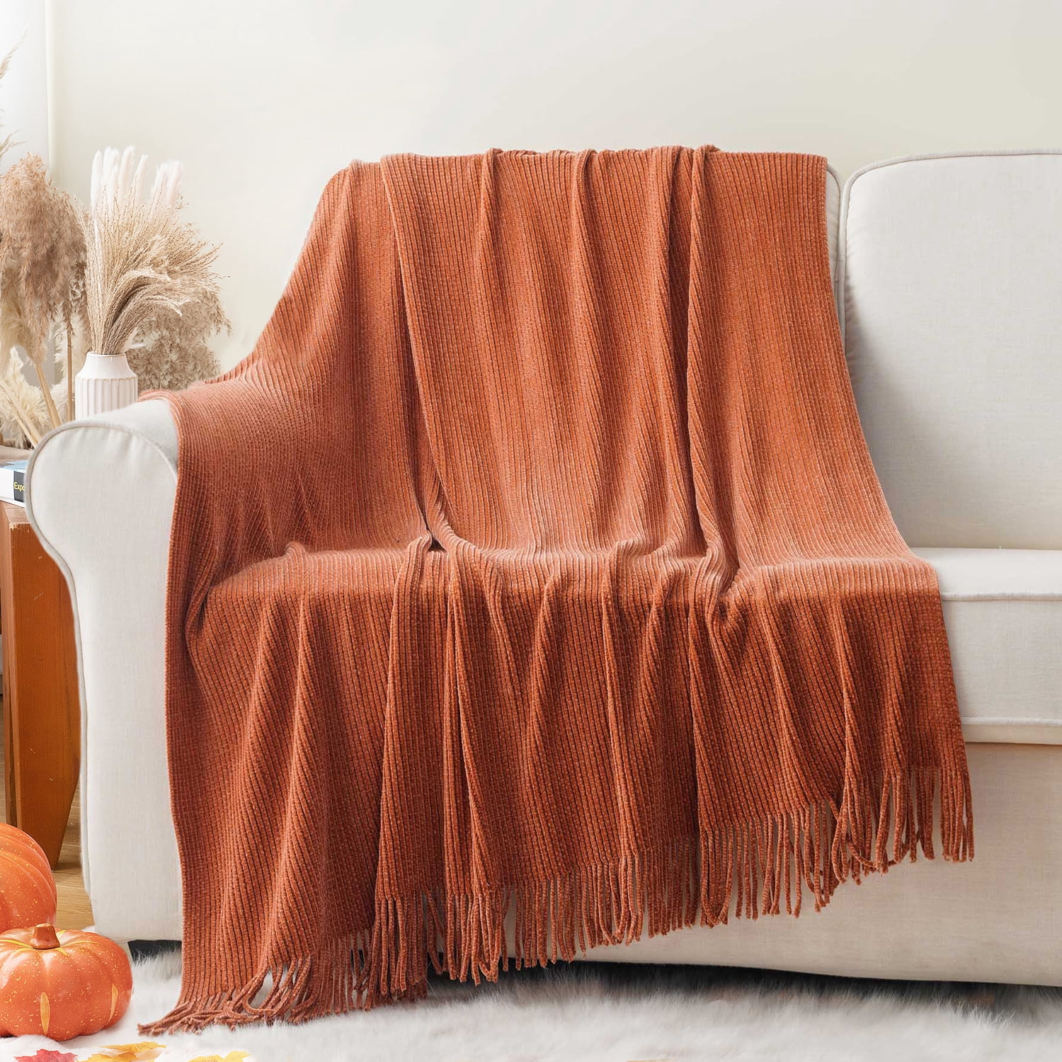 Battilo Rust Orange Throw Blanket, Soft Chenille Knit Throws with Tassels, Caramel Blanket,50"x60"