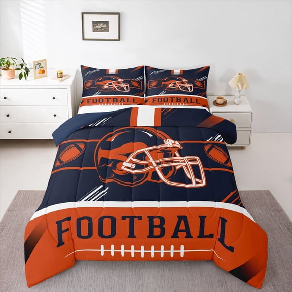 Erosebridal Football Helmet Print Bedding Sets Twin with Comforter, Sports Theme Duvet Insert , Chicago, Navy Orange, Reversible 2-Piece, Super Cozy