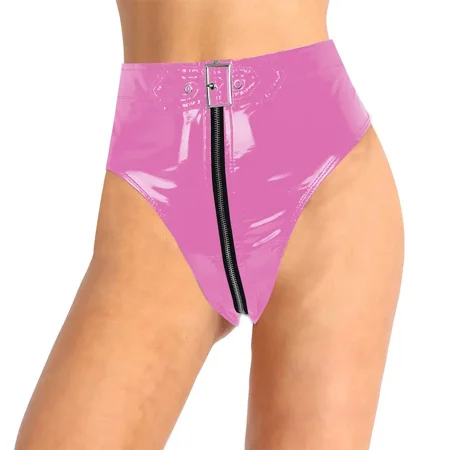Lockable PVC Leather Panties Mens Underwear Faux Leather Zipper Briefs Women High Waist Sexy Lingerie 7XL