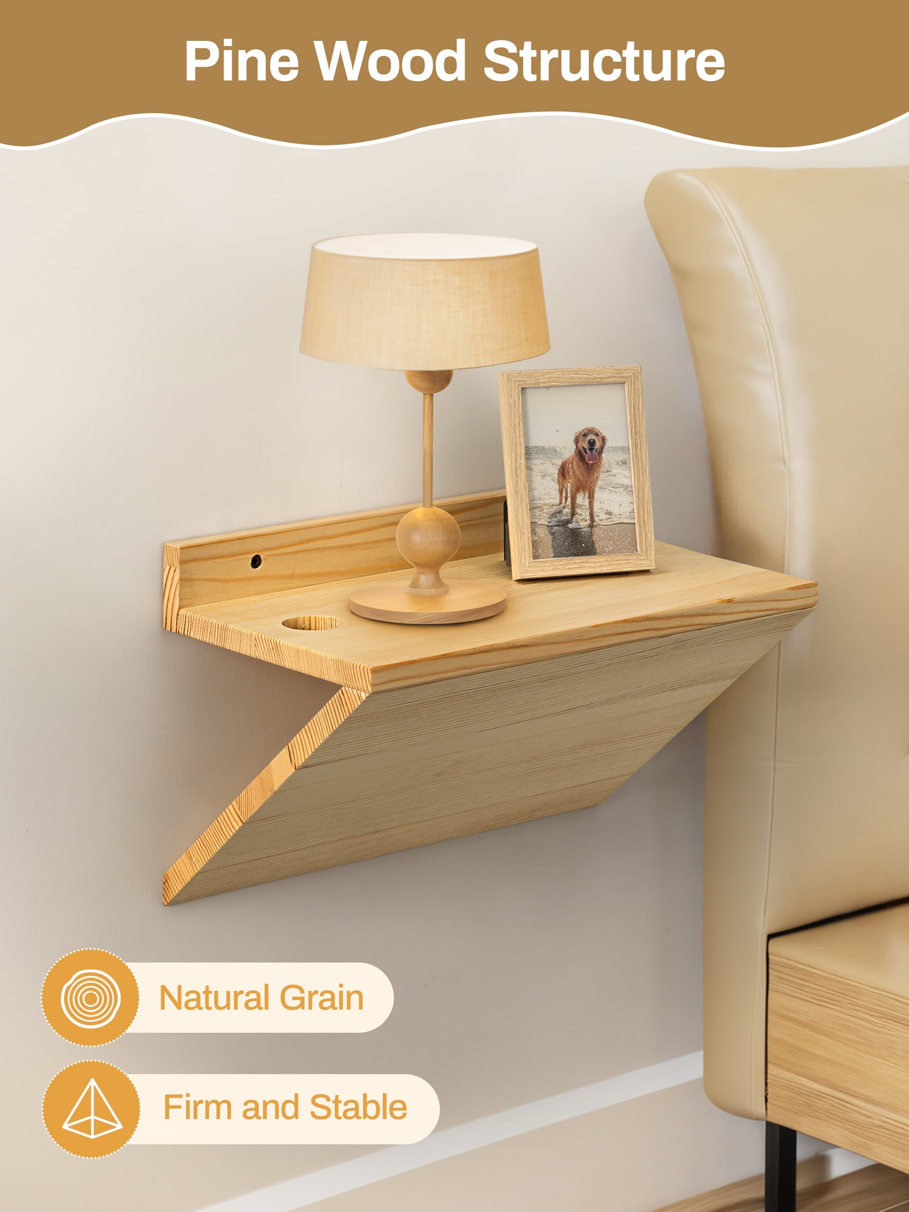 Gronda Floating Nightstand Set of 2, Solid Pine Wood Z-Shaped Wall Mounted Bedside Tables with Cable Hole, Modern Hanging Nightsatands for Bedroom