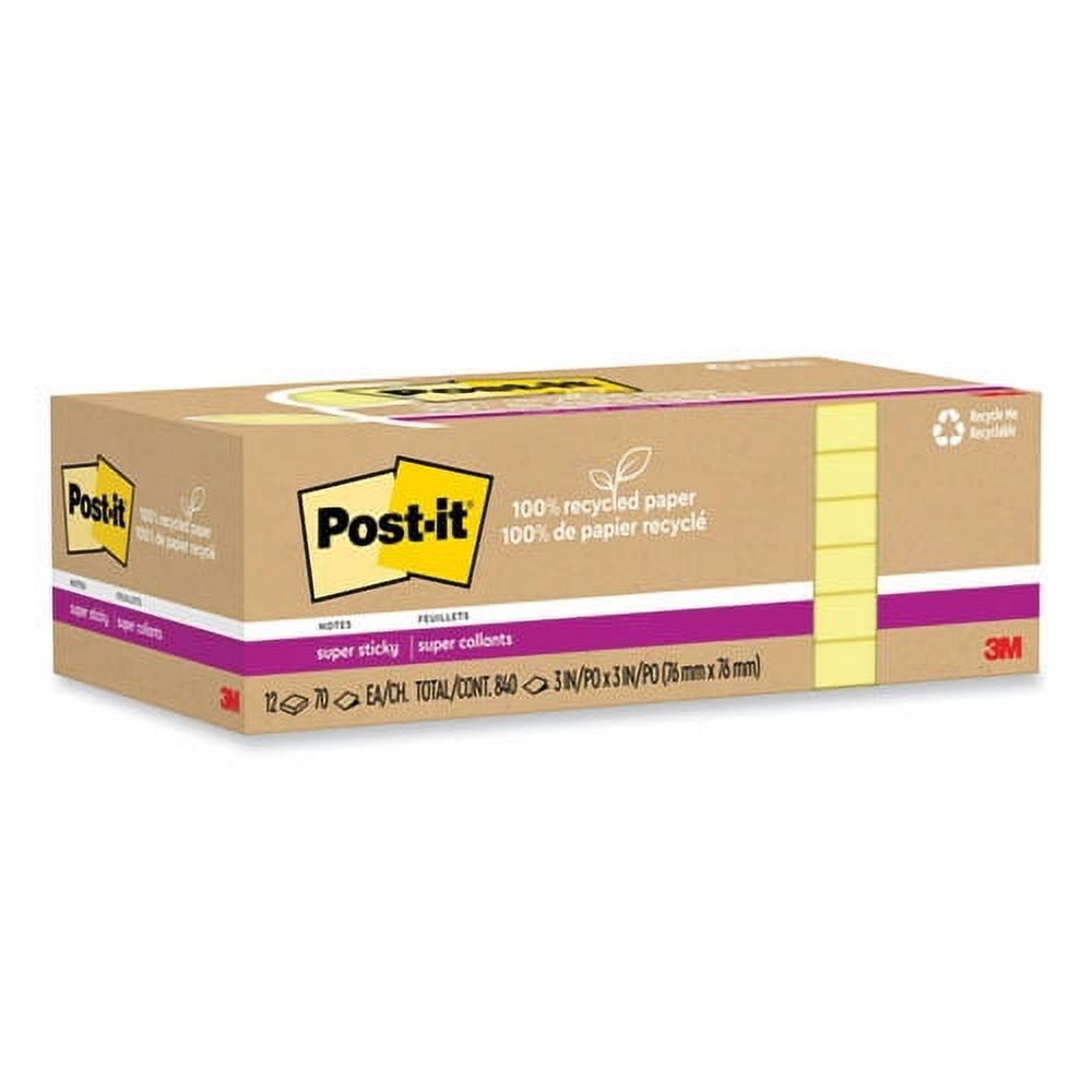 100% recycled paper super sticky notes, 3" x 3", canary yelow, 70 sheets/pad, 12 pads/pack | Bundle of 2 Packs