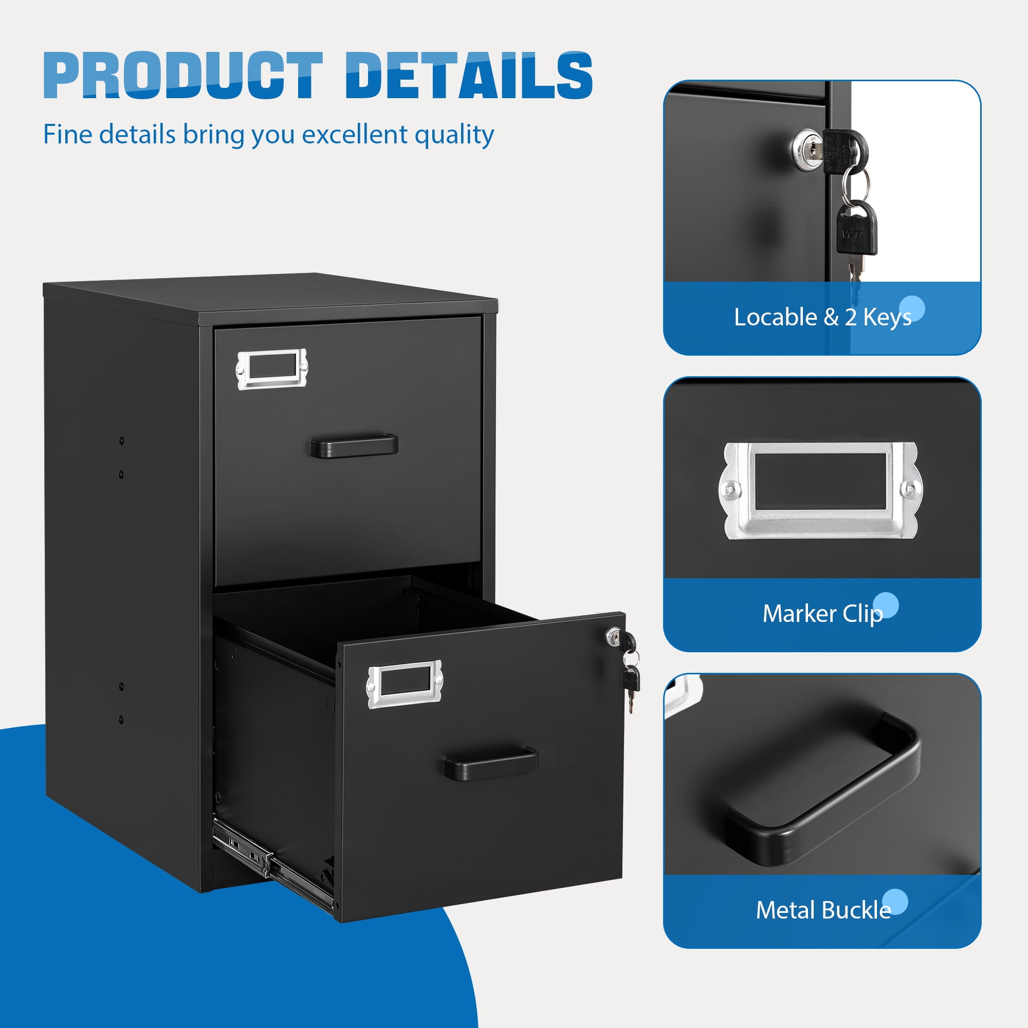 Fesbos 2 Drawer Metal File Cabinet with Lock, Steel Filing Cabinets for Home Office,Fits A4/F4/Letter, Easy Assemble (Black）