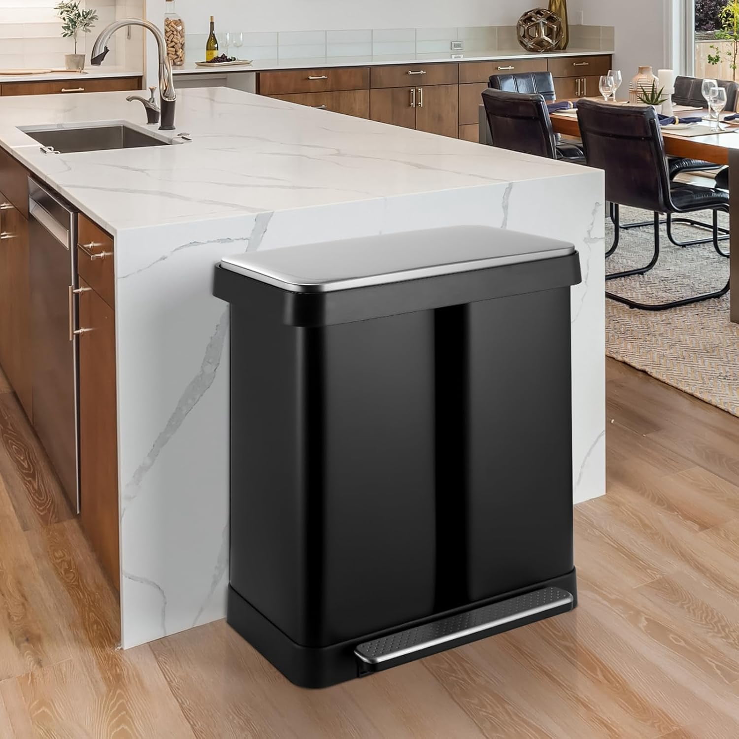 LAZY BUDDY 60 Liter / 16 Gallon Dual Trash Can, Stainless Steel Kitchen Garbage Can with Plastic Inner Buckets & Soft-Close Lids