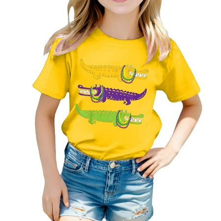 Glisme Girls Tops Size 8-9 Years Printed Round Neck Short Sleeved T Shirt Casual Top Stylish Yellow Graphic Tee