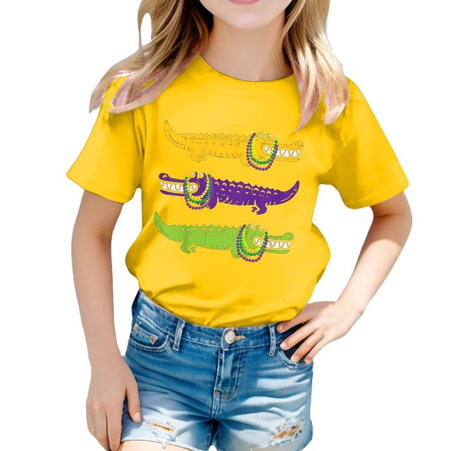 T-shirts Filles Été Décontracté Imprimé Alligators Col Rond Manches Courtes Hauts Filles Jaune 10-11 Ans