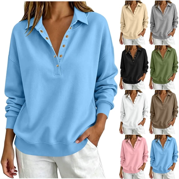 Aboser Womens Henley Neck Sweatshirt Dressy Casual Long Sleeve Pullover Tops Button Down Collared Shirts Comfy Solid Color Sweatshirts
