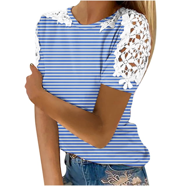 Camisas de Manga Corta para las Mujeres Impresión Cuello Redondo Suéter Encaje Camisa, Blusa de Verano Casual para las Mujeres