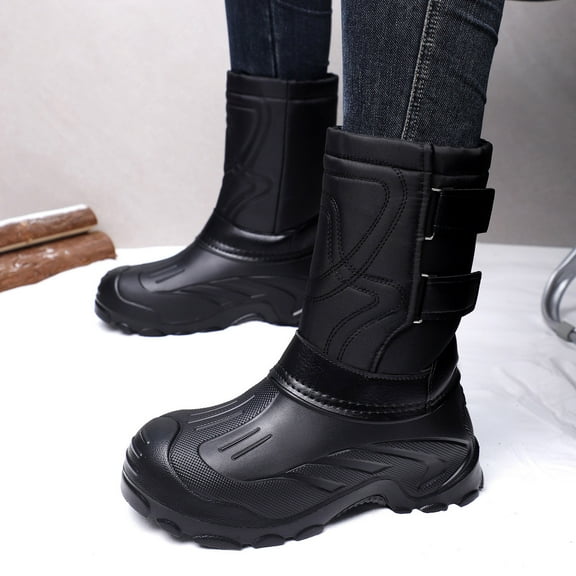 Black Mens Snow Boots Long Style Fleece Lined High Top Slip On Extra Thick Warm Non Slip Soft Sole Winter Outdoor Casual Hiking Wear Size 39