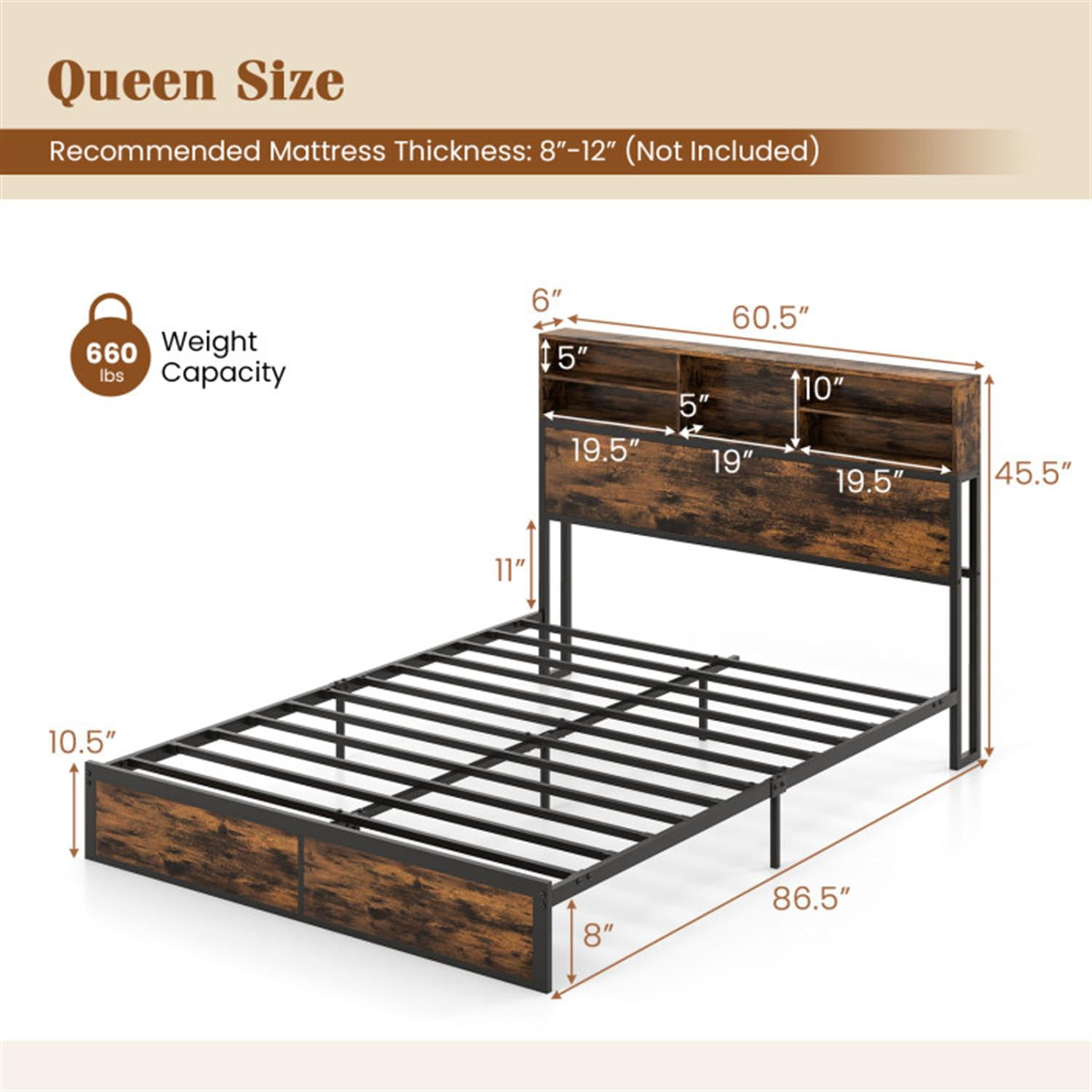 Demi Bonn Queen Size Bed Frame with Wooden Headboard and Footboard, Industrial Metal Platform Bed Frame with Under Bed Storage, No Box Spring Needed, Brown