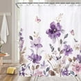 thumbnail image 3 of Purple Floral Shower Curtain, Farm Watercolor Flower Leaves and Butterfly on Country Wooden Shower Curtain for Bathroom, Rustic Farmhous Waterproof Fabric Shower Curtain with 12PCS Hooks, 70X85IN, 3 of 4