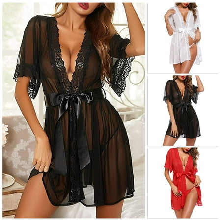 

Hopeup 2 Pcs/Set Underwear Set Solid Color See-through Mesh Patchwork Women Night Dress for Honeymoon