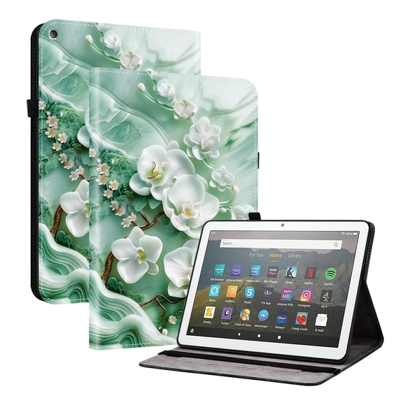 For Fire HD 8/Fire HD 8 Plus (8", 10th/12th Generation) Folio Case with Stand/Card Slots/Elastic Band Closure/Pen Loop Holder, Stylish Cute Cartoon PU Leather Protective Slim Flip Cover, Magnolia