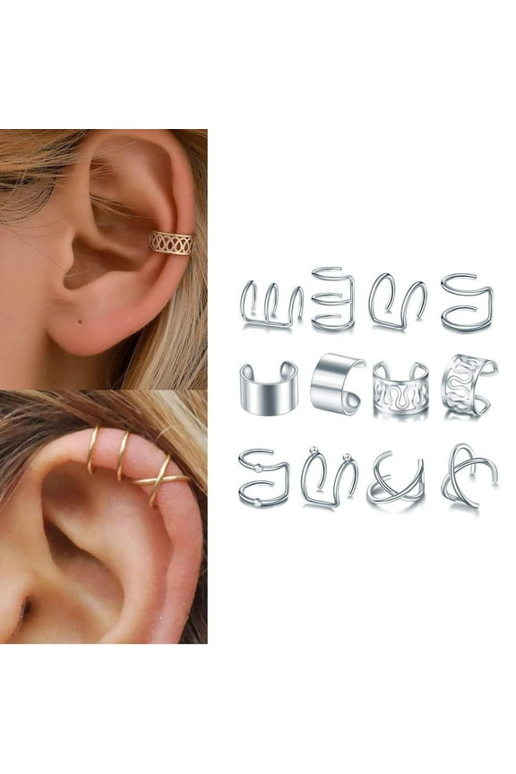 12Pcs Ear Cuffs Non Piercing, Hypoallergenic Non-Piercing Ear Clip, Hair for Women Men Hair Accessories Styling Jewelry Tools, Silver