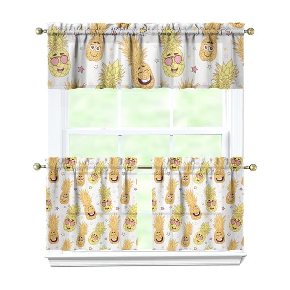Exotic Pineapple Kitchen Curtains Set - 3 PCS Tropical Tier Curtains & Valance, Sunshine Yellow Fruit Print, Semi-Sheer Farmhouse Window Panels