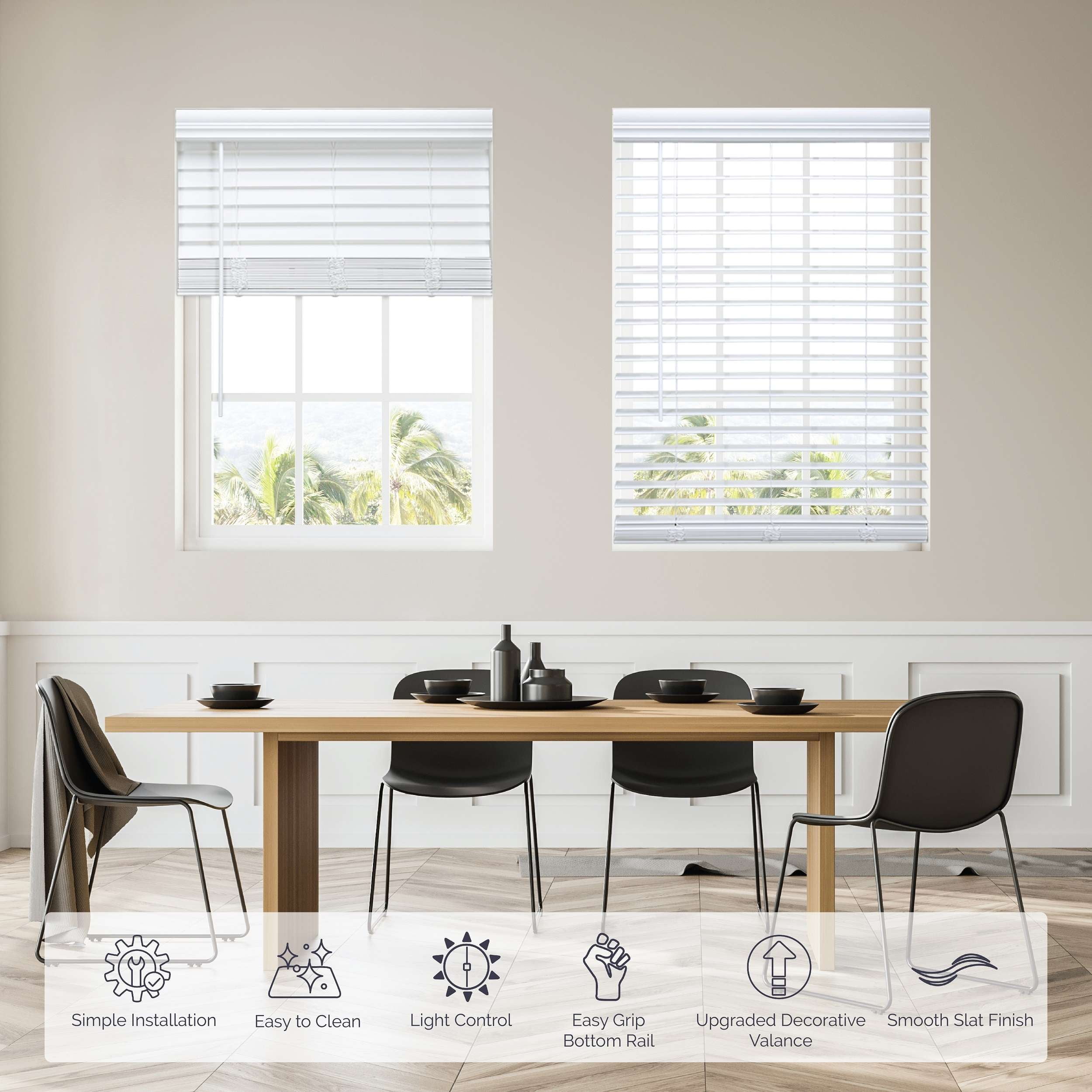 Linen Avenue Cordless 2" Faux Wood Blind White 45 W x 60 H, Flush Inside Mount (No Valance Side Pieces/Returns Included, Arrives ½ Inch Narrower)