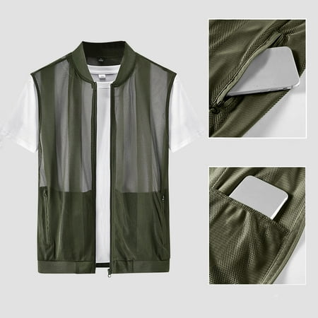 Mesh Vest Men Sleeveless Lightweight Mesh Vest Gilet Hollow Out Breathable Tank Tops Outdoor Safety Social Vests V-Neck Casual Tops Army Green L
