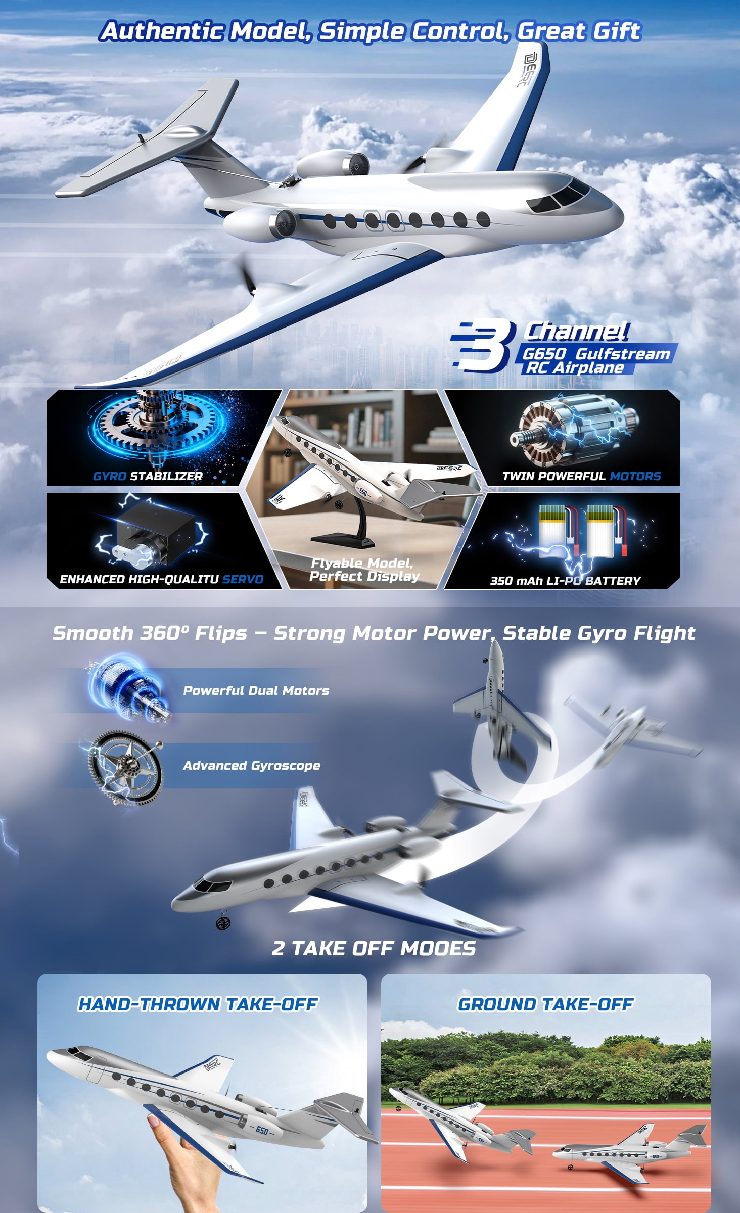 DEERC G650 RC Plane Private Jet,3-CH Remote Control Airplane Toys,2.4GHz 6-axis Gyro Stabilizer RTF Hobby Glider Aircraft Plane Easy to Fly for Beginners Kids Adults