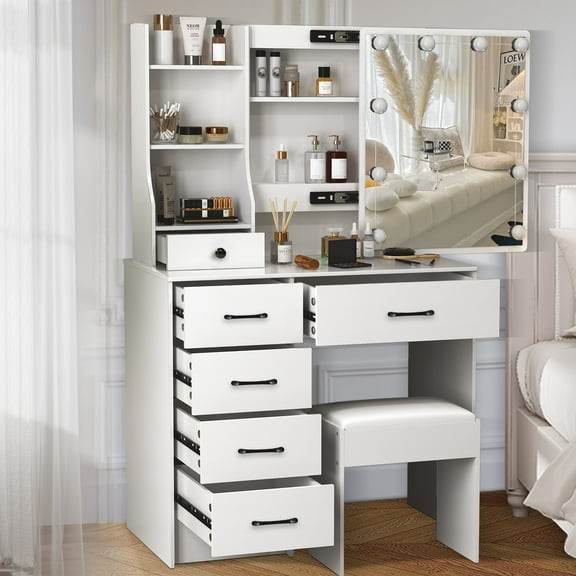 Ciumeeo Makeup Vanity with Lighted Sliding Mirror Vanity Table with Drawers and Stool Set for Bedroom, White