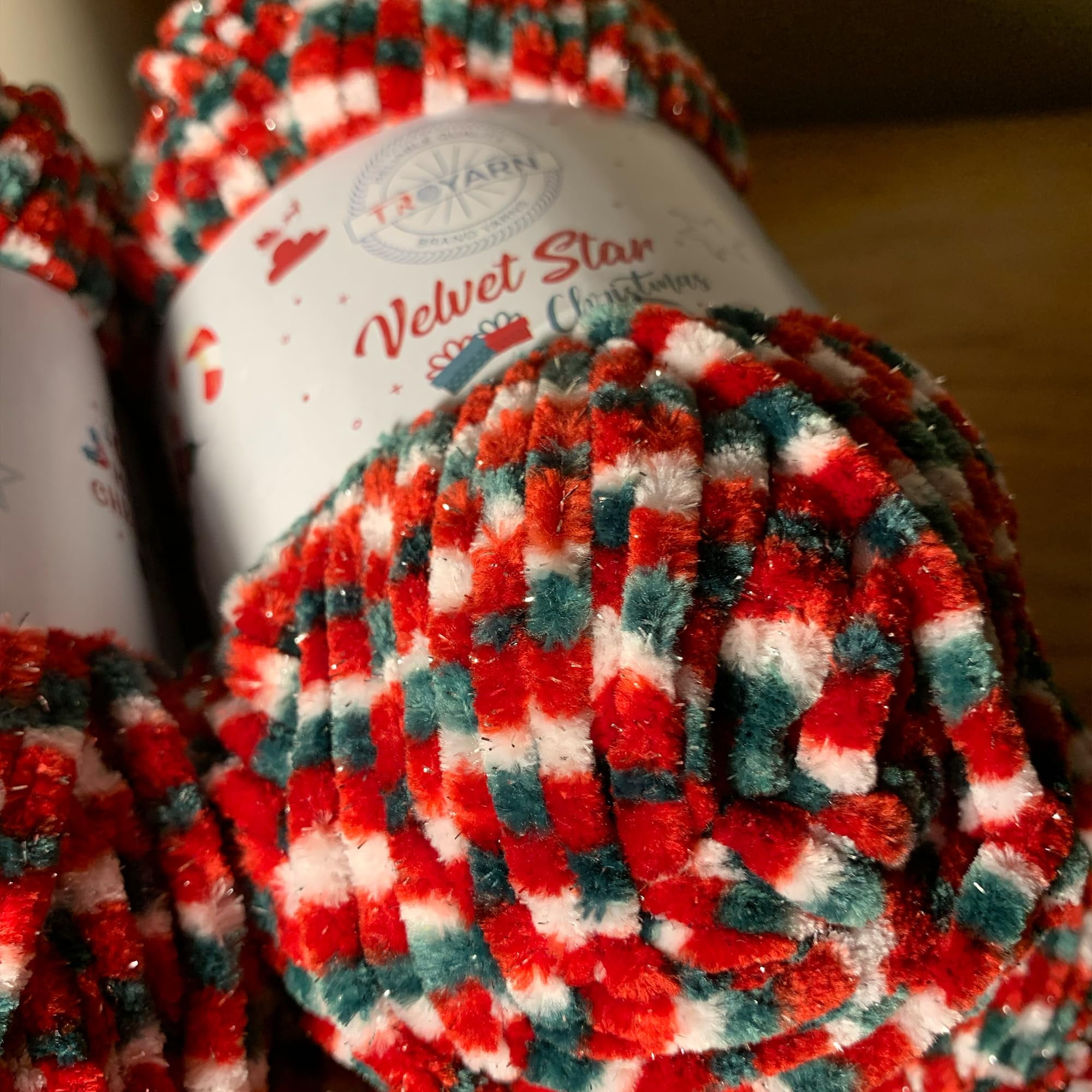 Troyarn Velvet Star (3- Skeins Pack) Silvery Glitter Chenille Baby Blanket Yarn Amigurumi Yarn for Crocheting and Knitting Super Bulky 3x100 gr (3x120 yds) (10450 - Christmas, 3 Skein)