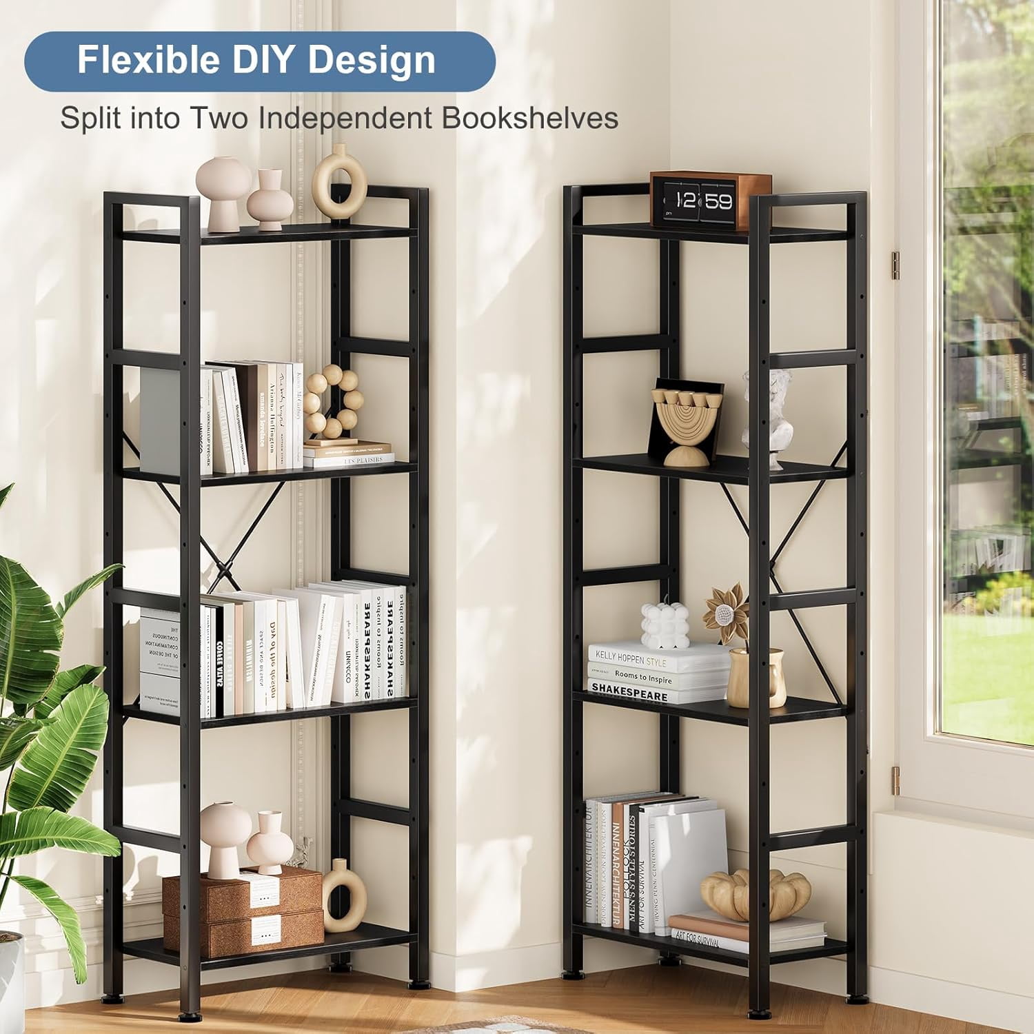Atilioo Triple Bookshelf, 4-Tier Wide Bookcase with 11 Open Tall Display Shelves, Modern Industrial Book Shelves for Living Room Home Office, Black