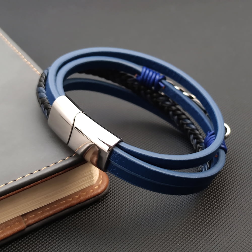 YIFSIY Blue Mutil-layer Braided Leather Bracelet with Six Pointed Star Stainless Steel Cuff Bracelet for Men Women