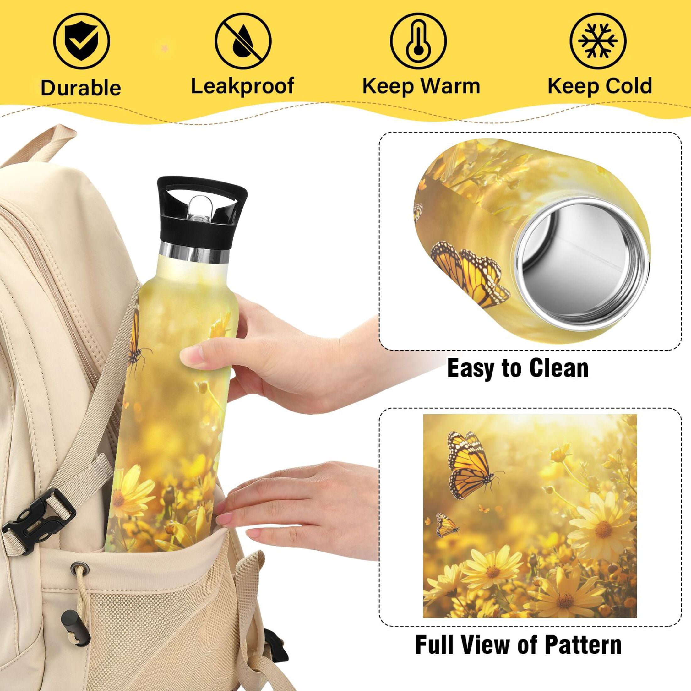 Kids Insulated Stainless Steel Sports Water Bottle 600ml (20oz) Yellow Flowers and Butterfly
