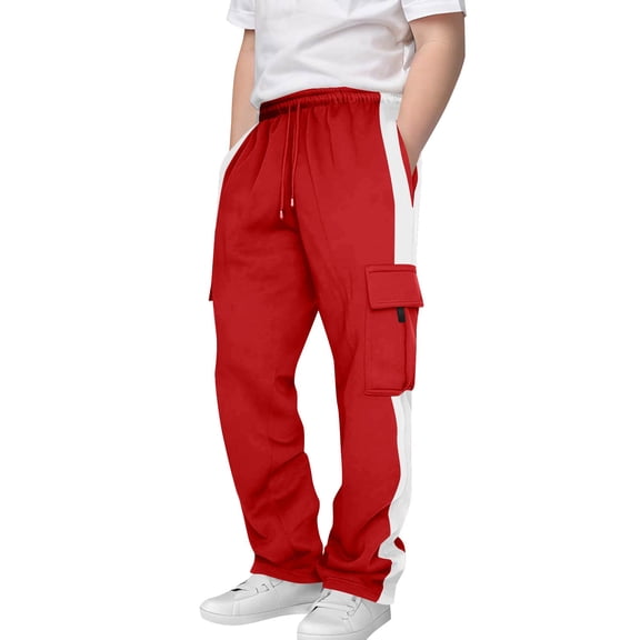 Lenpel Boys' Cargo Sweatpants Elastic Waist Drawstring Color Block Straight Leg Athletic Pants Children Casual Trousers with Pockets(Red,13-14 Years)
