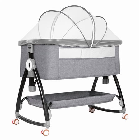 CIESMSI 3 in 1 Baby Bassinet Bedside Sleeper for Infant Girls W/ Wheels,Mosquito Net,Portable Crib Height Adjustable, Easy Folding,Gray