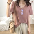 thumbnail image 6 of Women Summer Short Sleeve T-shirt Pure Color V-neck Base Shirt Top Loose Leisure, 6 of 6