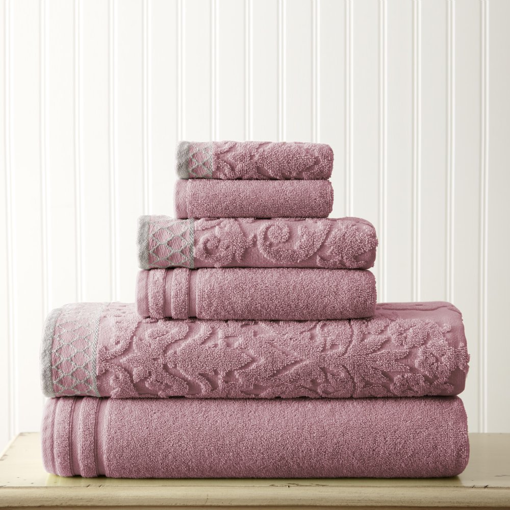 Mix Jacquard Border 6 Piece Bath Towel Set, Dusty Plum