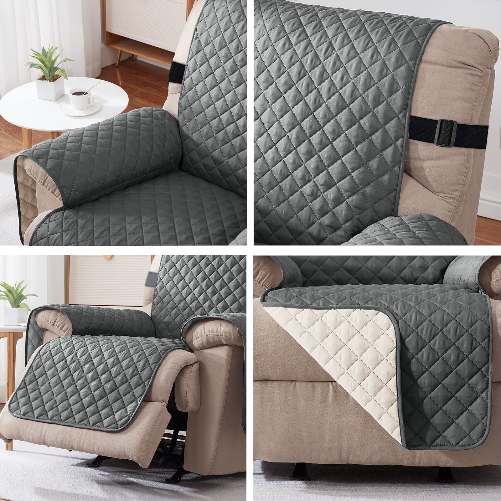 Sanmadrola Recliner Chair Cover Reversible Small Recliner Slipcover for Dogs Seat Width to 28 Inch Washable Couch Cover with Elastic Straps for Kids and Pets(Large Recliner, Grey)