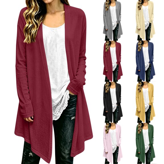 Womens Lightweight Cardigans Solid Linen-cotton Long Sleeve Cardigans for Daily Commuting Wear