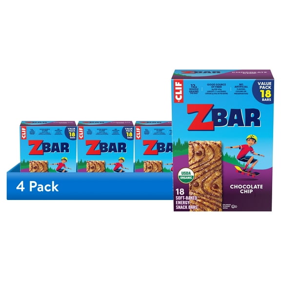 (4 pack) Zbar Chocolate Chip Soft-Baked Energy Snack Bars, Organic Granola Bars, Snacks for Kids, 18 count