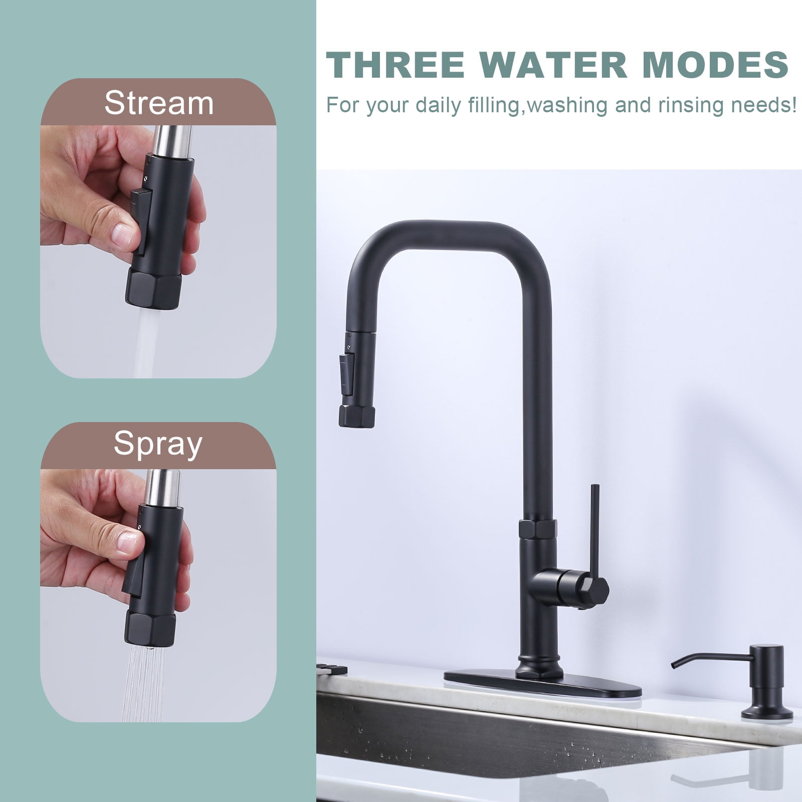 WOWOW Single-Handle Pull Down Sprayer Kitchen Faucet with Pull Out Spray Wand and Soap Dispenser in Matte Black