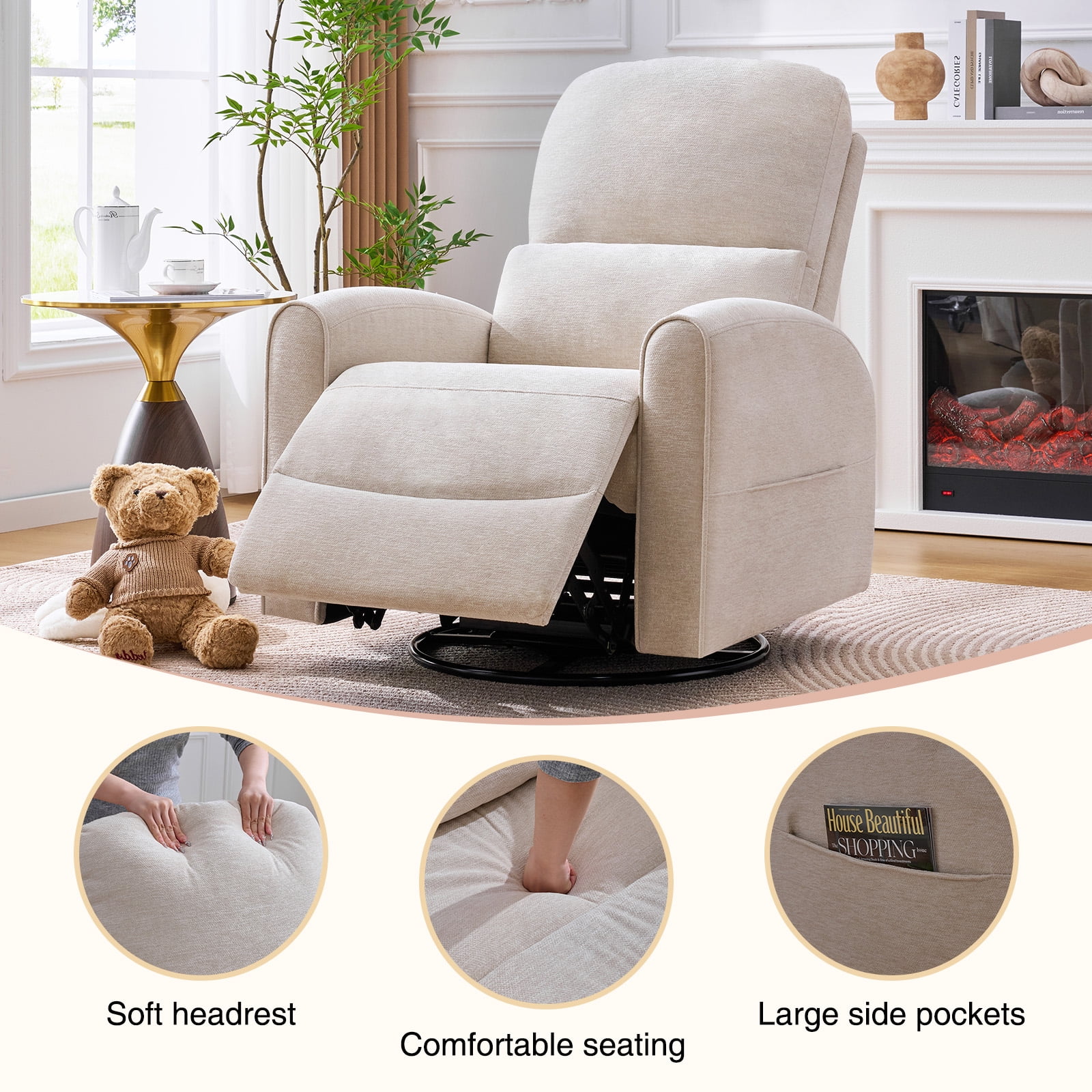 Aemeios Power Recliner Swivel Rocker Glider Chair Chenille Nursery Recliner, Camel