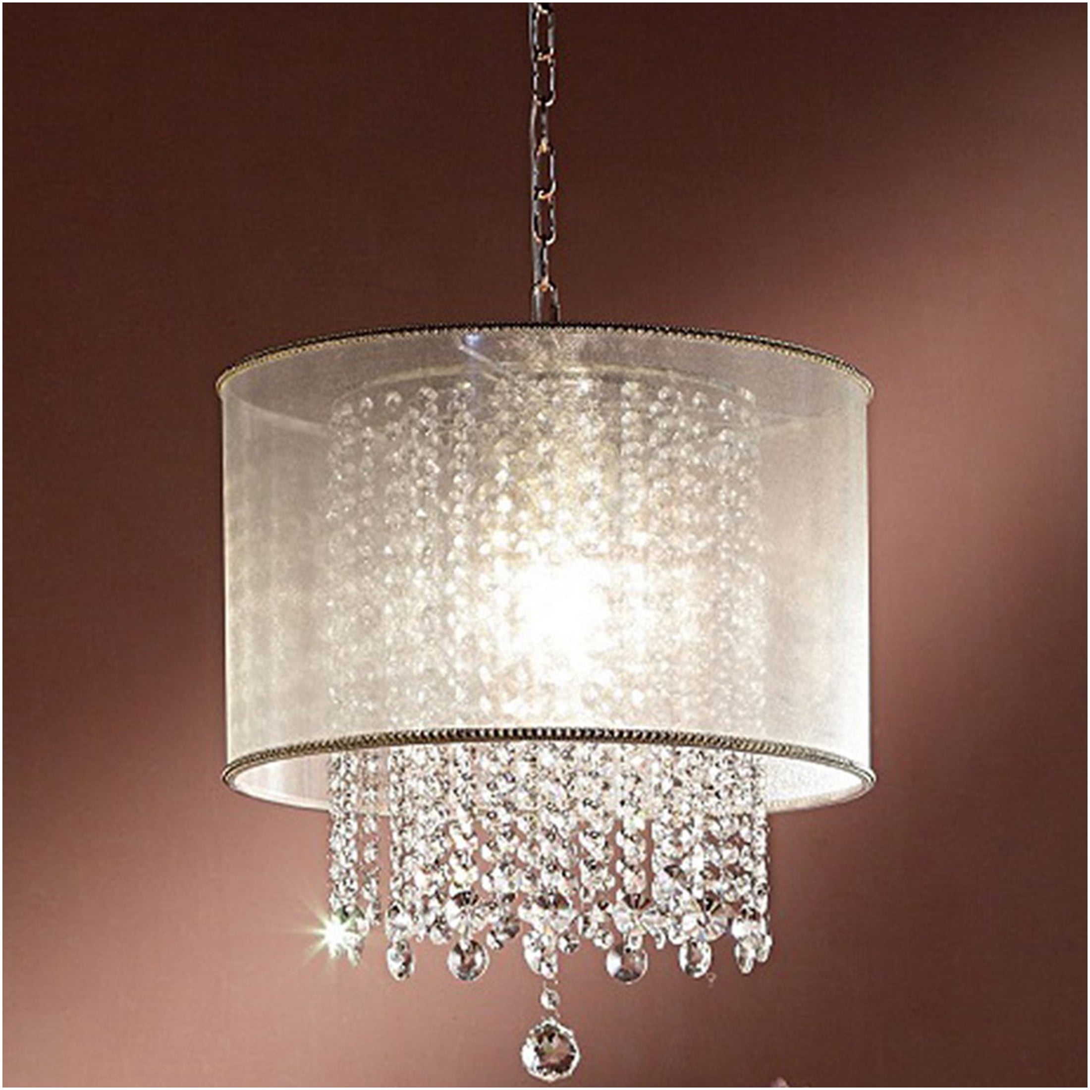 JERFIT Gold Crystal Ceiling Lamp with White Silk Shade, Modern Chandelier Light Fixture for Dining Room, Bedroom, Foyer
