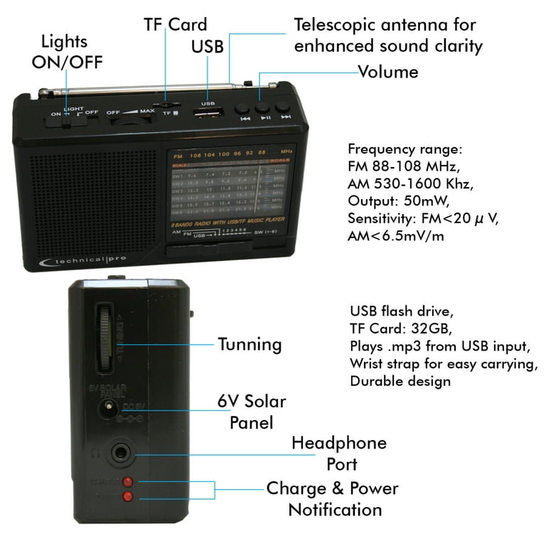 Technical Pro Portable Solar Powered Battery Operated AM FM SW Radio  Built-in Speaker Flashlight Rechargeable Battery