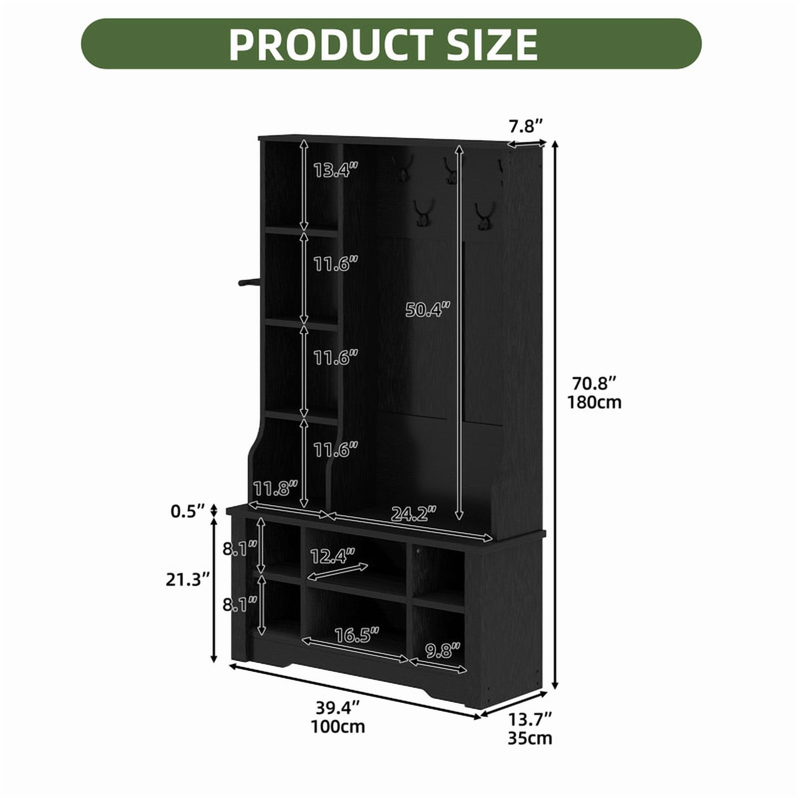 Uforic 39" Hall Tree with Shoe Storage, Coat Rack with Bench for Entryway Corner Narrow Adjustable Shelf, Black