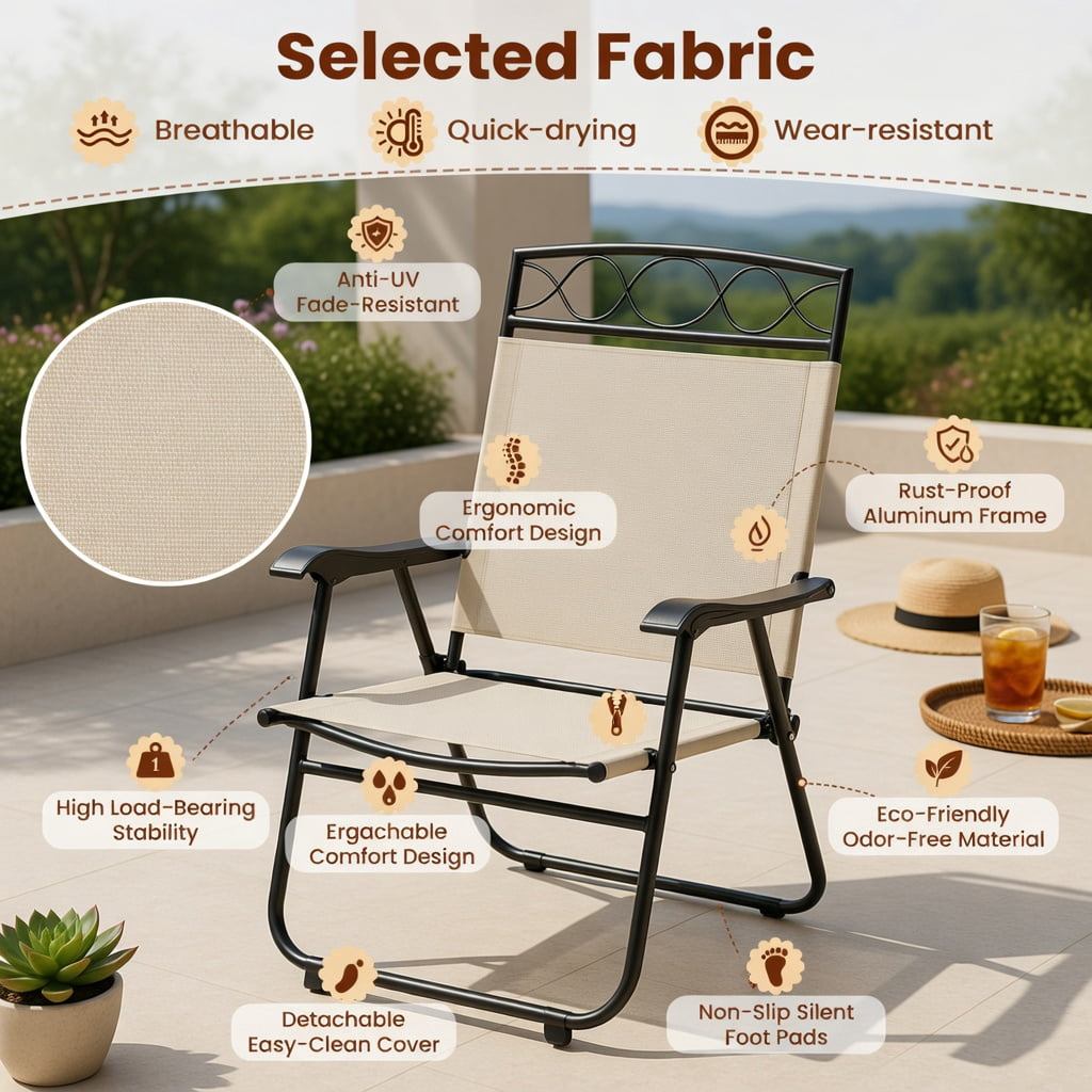 Hommoo 4-Pack Folding Patio Chairs with Armrests, Heavy-Duty Outdoor Dining Chairs, Ergonomic 105° Backrest, Beige