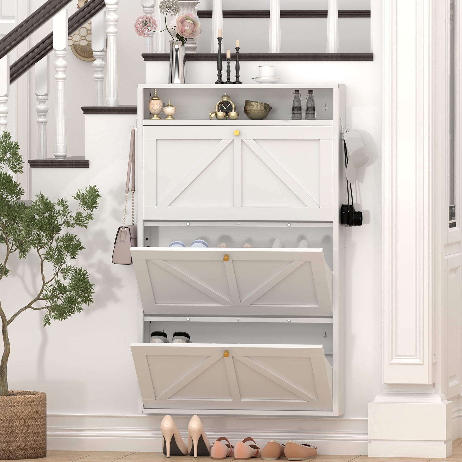 Aisword Modern Metal Shoe Cabinet with 3 Flip Drawers & Open Shelf,Narrow Slim Wall-Mounted Hidden Shoe Organizer Shoe Rack for Entryway,White