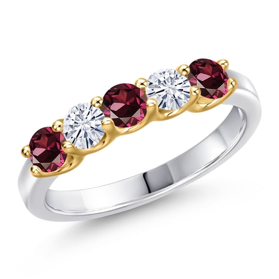 Gem Stone King 925 Silver and 10K Yellow Gold Red Rhodolite Garnet and White Moissanite Wedding-Bands Ring for Women | 0.98 Cttw | Round 3.5MM | Gemstone January Birthstone | Size 5