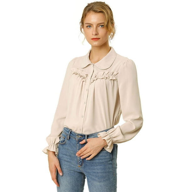 INSPIRE CHIC Blusa Camisa Tops Con Botones Manga Larga Pu?o Elástico Detalle De Volantes Para Mujeres Albaricoque S