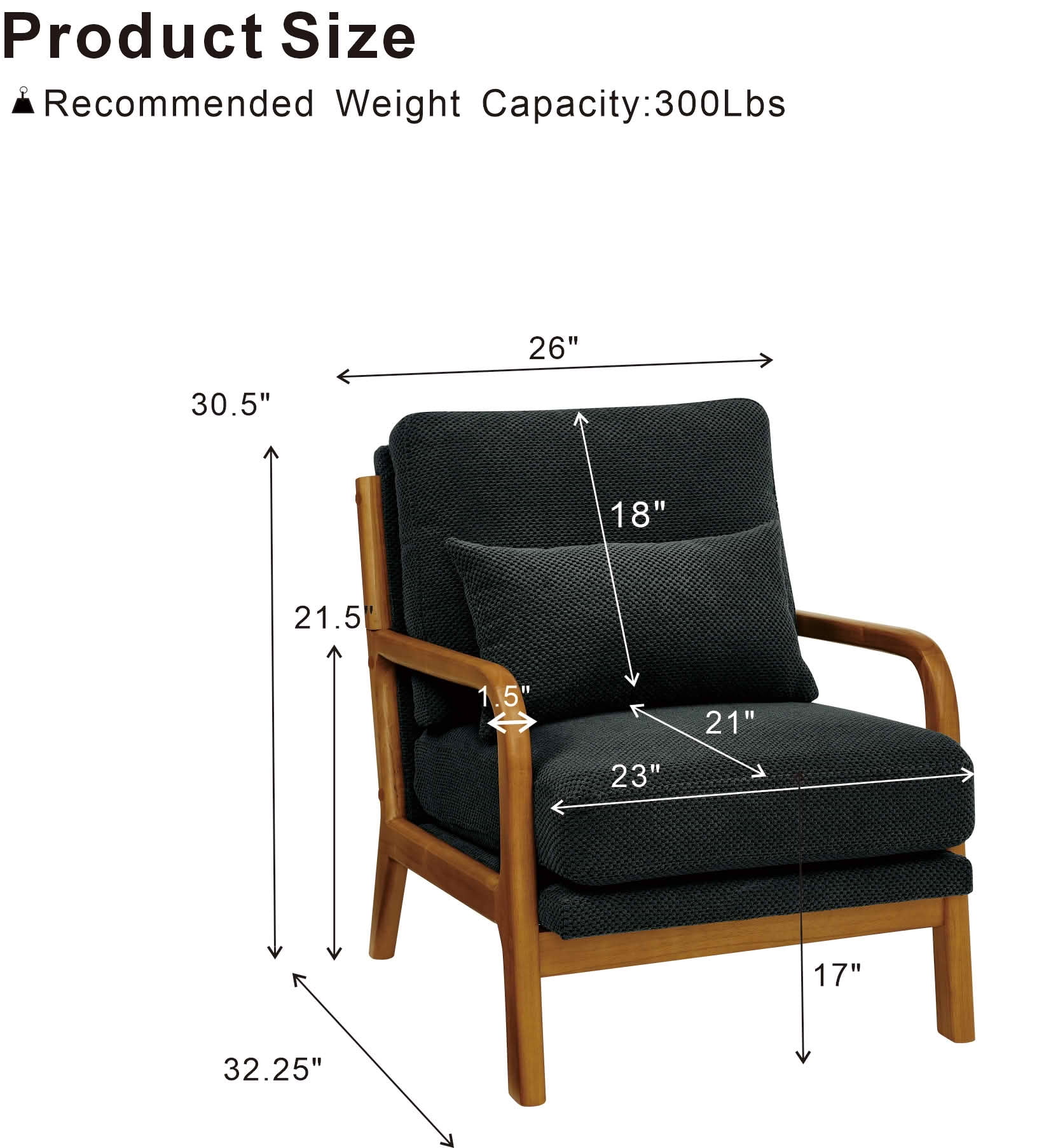 MAYEERTY 26 In Nubby Fabric Lounge Chair, Solid Wood Armrests, Lumbar Pillow, Dark Gray, 300 lb
