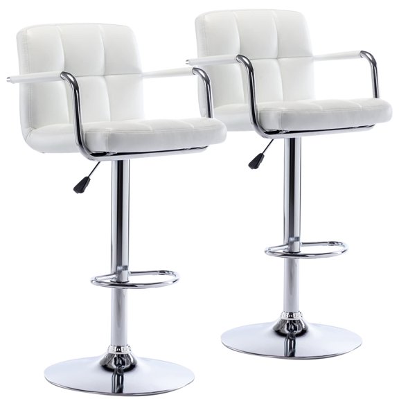 Bar Stools Set of 2, PU Leather Pneumatic Lift Height Adjustable 360°Swivel Barstools with Backrest and Armrest for Kitchen Home Bar, White