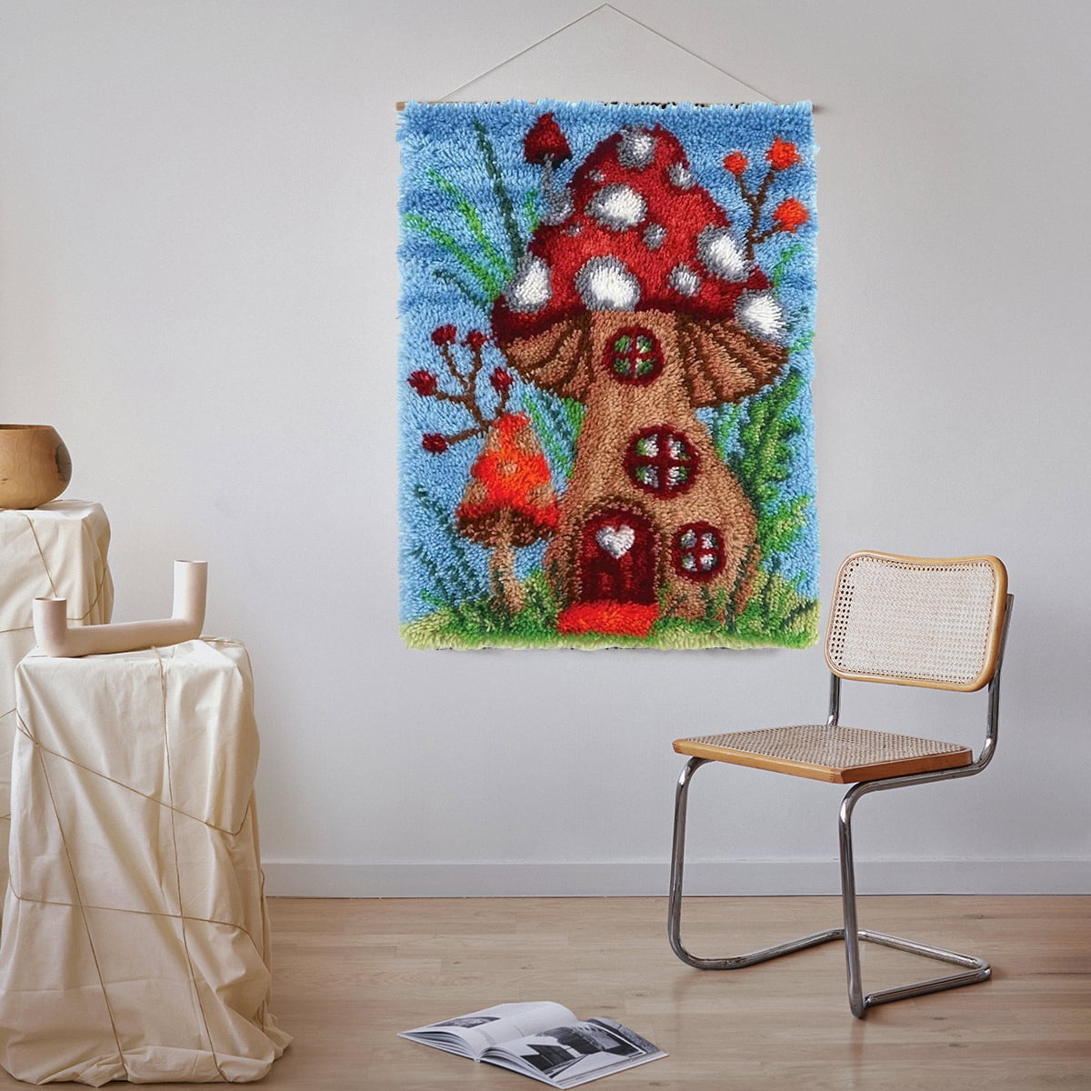Latch Hook Kits for Adults, Carpet Making Crochet Kits Embroidery Kits Needlework Crafts for Home Decor, Mushroom House,50*38cm/20*15in