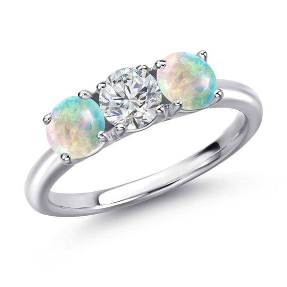 Gem Stone King 925 Sterling Silver Lab Grown Diamond and Simulated White Opal Engagement Ring for Women | 1.50 Cttw | Round 5MM | Gemstone April Birthstone | Size 8