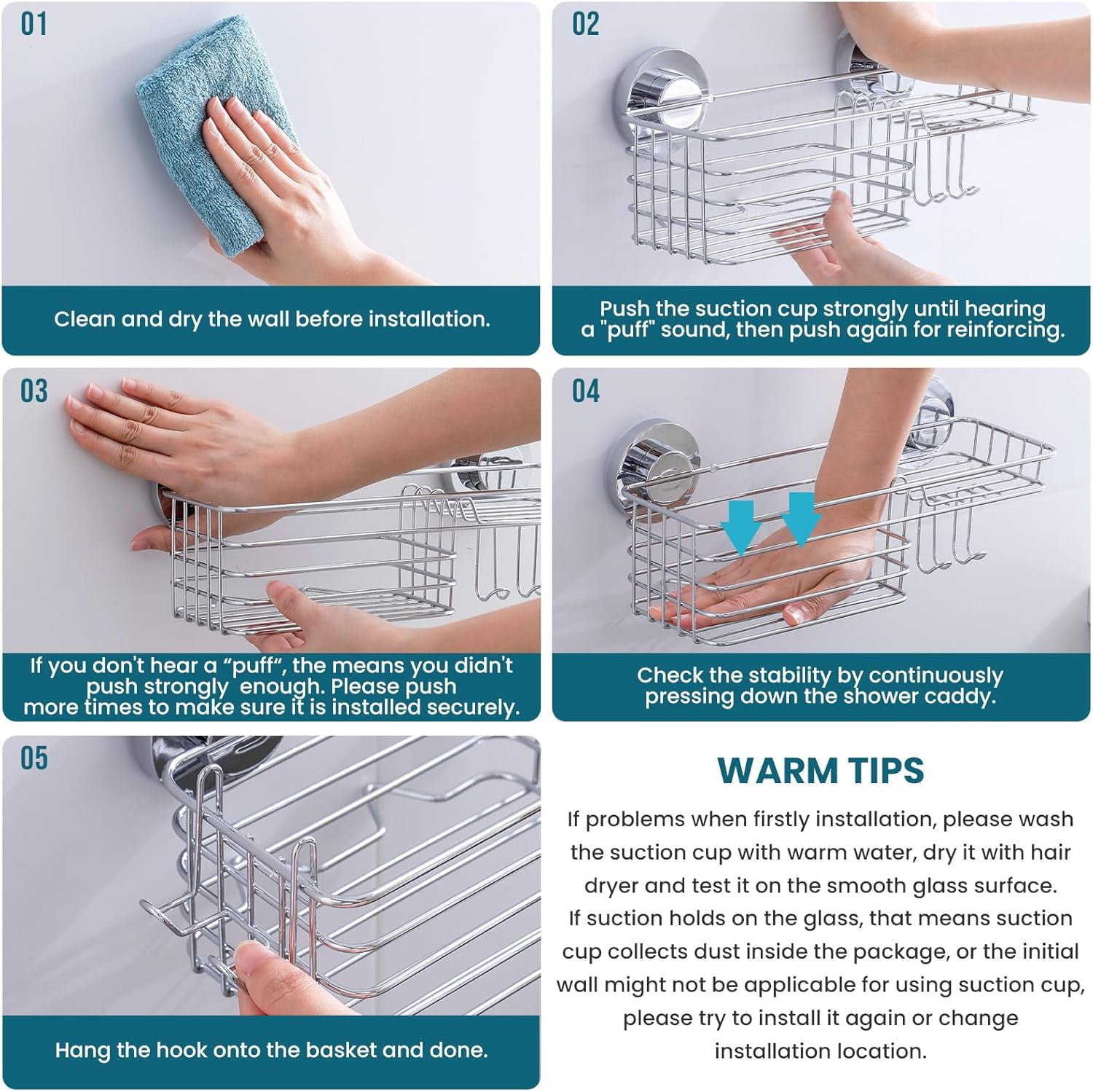 Shower Caddy Suction Cup with Hooks & Soap Holder, Heavy Duty Bathroom Shower Organizers, Removable Bathroom Shelves for Inside,Stainless Steel Holder Organizer-Silver