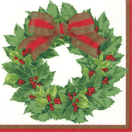 Ivory Holly - Paper Cocktail Napkins 12070C Holly Wreath Ivory 20pk